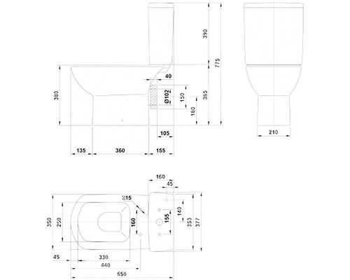 Desen tehnic al unui WC fix cu dimensiuni