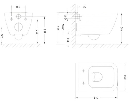 Desen tehnic al unui WC suspendat cu dimensiuni
