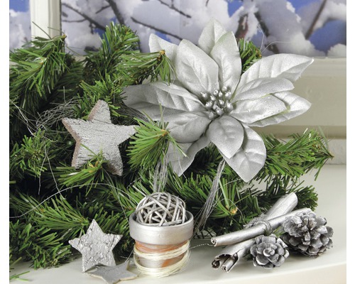 Decorațiuni de Crăciun cu crenguțe de brad, stele, Crăciuniță, batoane de scorțișoară și conuri de pin