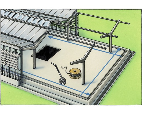Ilustrație cu o copertină de terasă, cu marcaj pentru dimensiunea recomandată