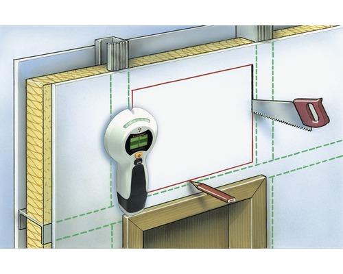 Ilustrație a unui montaj de perete cu izolație, cadru, detector, ferăstrău și creion.