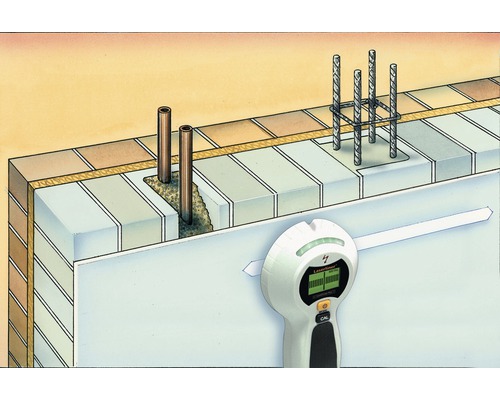 Ilustrație a unei structuri stratificate de perete cu țevi și armături scanate cu un detector
