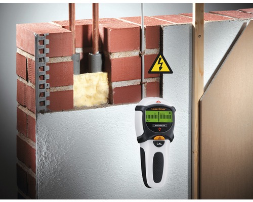 Secțiune transversală a unui perete cu cabluri electrice și un multi-detector Laserliner pentru localizare