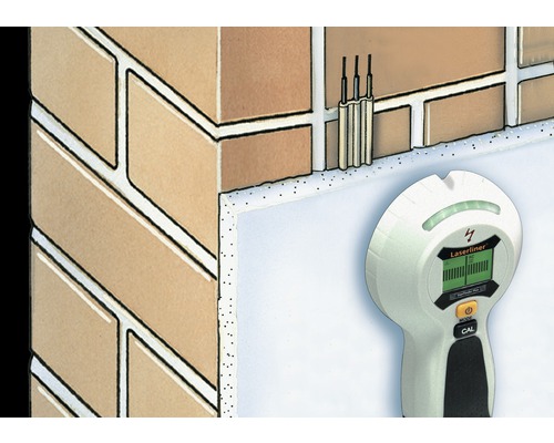 Ilustrație a unui perete cu zidărie și un detector de umiditate