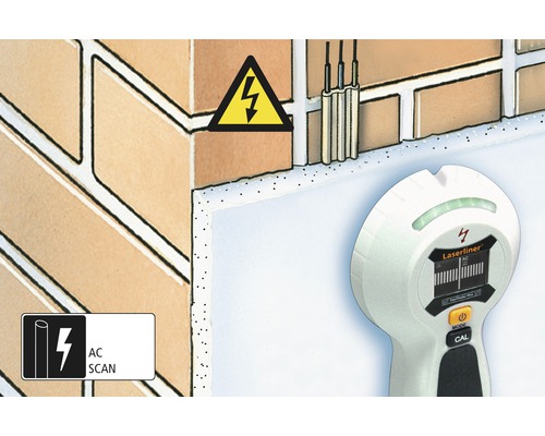 Ilustrație a unui perete cu cabluri electrice și semn de avertizare pentru tensiune electrică, plus un detector Laserliner pentru detectarea liniilor de curent alternativ.