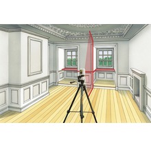 Vedere a camerei cu un laser liniar pe un trepied care proiectează linii roșii pe pereți pentru aliniere.