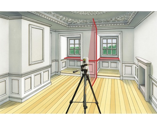 Vedere a camerei cu un laser liniar pe un trepied care proiectează linii roșii pe pereți pentru aliniere.