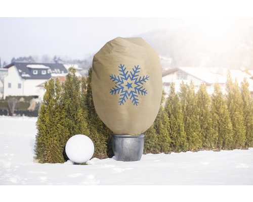 Husă protecţie iarnă plante FloraSelf Protect XXL 1,4x2 m 50 g/m² bej/ albastru Sac pentru plante cu motiv de fulg de zăpadă pentru protecția plantelor iarna