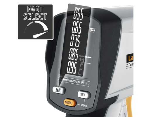 Vizualizare detaliată a unui detector laser de condens cu afișaj și selecție de funcții