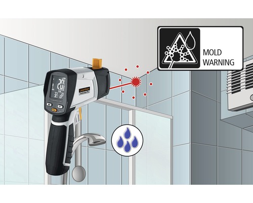 Higrometru pentru detectarea mucegaiului în baie cu simbol de avertizare