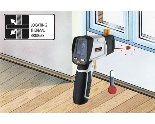 Aparat de măsură cu laser pentru localizarea punților termice la o fereastră.