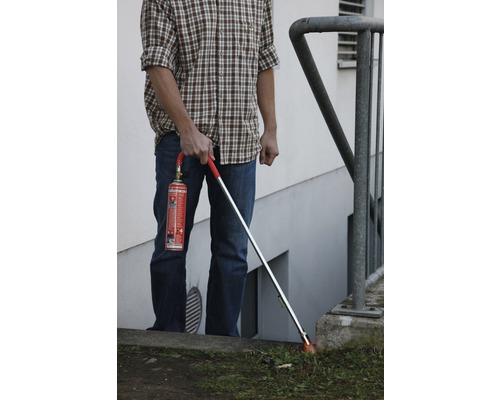 Bărbat care folosește un arzător de buruieni pentru combaterea buruienilor.