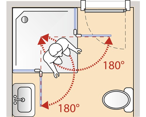 Planul unei băi cu duș, chiuvetă, toaletă și spațiu de mișcare