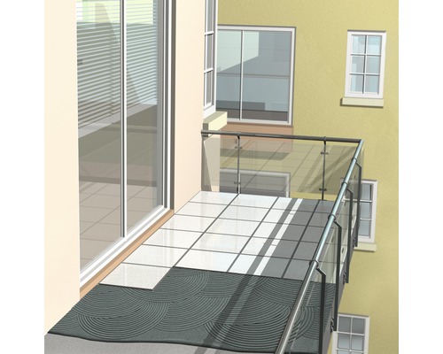Balcon cu plăci ceramice și covoraș de balcon cu design circular.