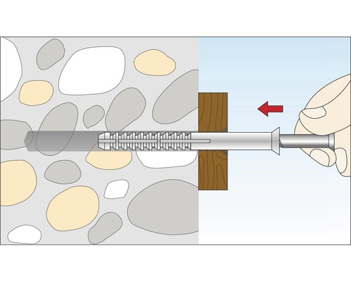 Ilustrație a montării unui diblu într-un perete de piatră