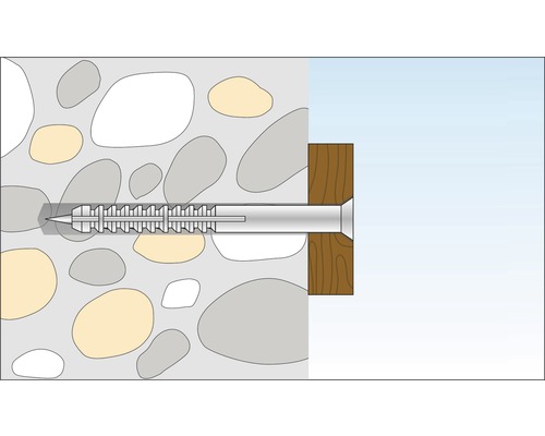 Ilustrație cu un șurub care este înșurubat printr-o scândură de lemn într-un zid de piatră.