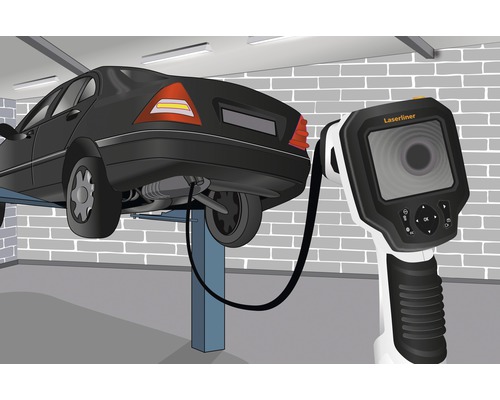 Ilustrație a unei mașini pe un elevator, inspectată cu o cameră de inspecție