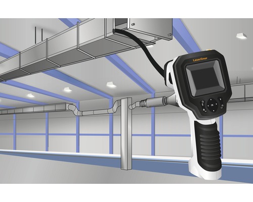 Logo Laserliner. O cameră termică este utilizată pentru a verifica temperatura conductelor de ventilație.