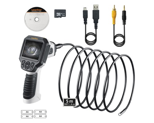Set videoscop Laserliner cu cablu de cinci metri, card Micro SD, cabluri și software