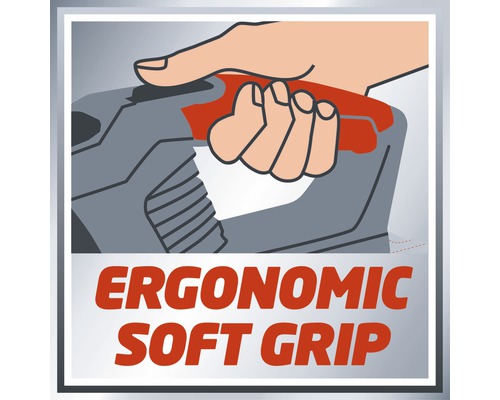 Ilustrație a unei mâini care ține un mâner ergonomic, cu textul Mâner moale ergonomic.