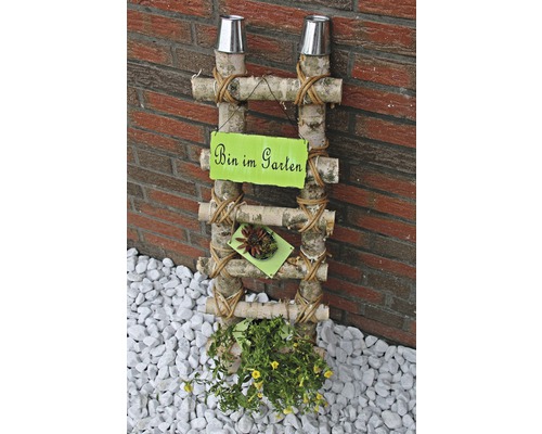 Scară decorativă din lemn de mesteacăn cu plante și indicatorul ''Bin im Garten'' ca decorațiune de grădină