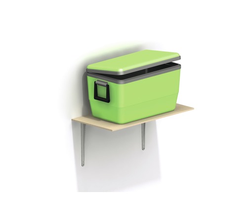 Ladă frigorifică verde pe un raft de lemn cu suporturi metalice