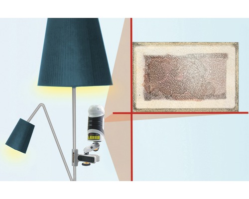 Imagine cu o lampă de podea, un telemetru laser și o placă de perete dreptunghiulară