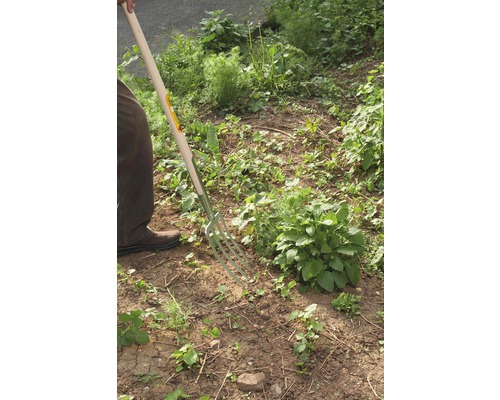 Grădinar folosind o furcă de săpat în grădină.