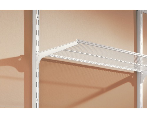 Imagine detaliată a unui sistem de rafturi alb cu suport de perete și bază din sârmă