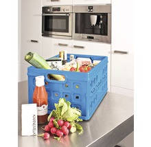 Un coș pliabil albastru cu produse alimentare pe un blat de bucătărie.