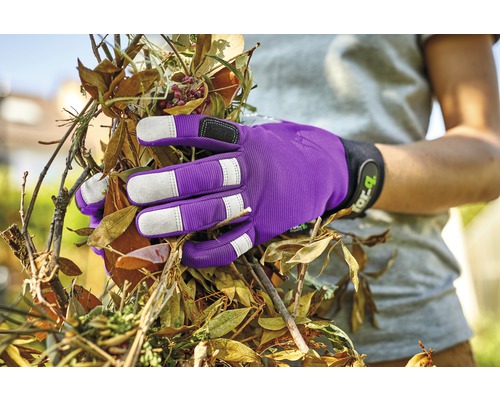 O mână cu mănuși de grădinărit ține deșeuri de grădină.