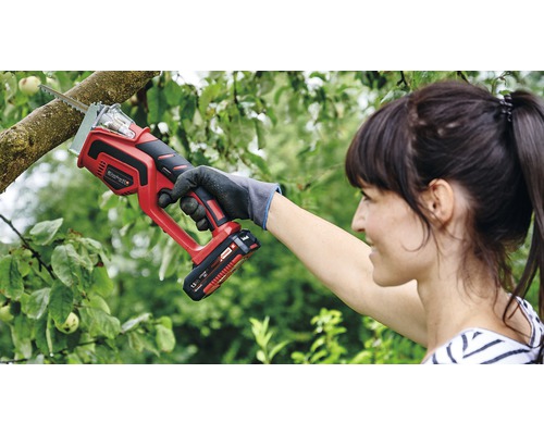 Femeie tăind o ramură cu un fierăstrău de crengi cu acumulator Einhell