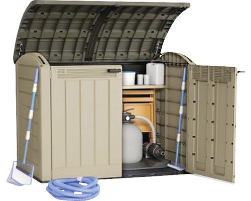 Dulap de grădină deschis pentru depozitarea uneltelor de grădinărit și a accesoriilor pentru piscină