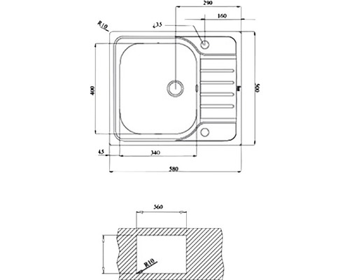 Desen tehnic al unei chiuvete cu dimensiuni