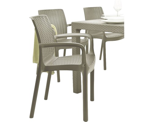 Scenă de grădină cu scaun de ratan și masă de sufragerie