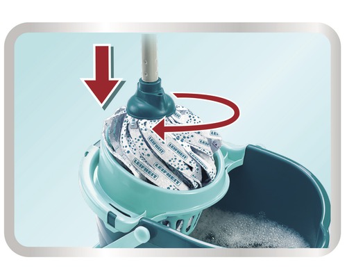 Mop Leifheit în găleată cu storcător, săgețile indică direcția de rotație