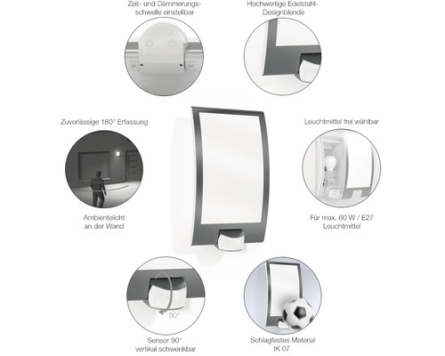 Lumină de perete cu prag reglabil de timp și de amurg, capac cu design din oțel inoxidabil, detectare la 180 de grade, alegere liberă a lămpii, lampă E27 de maximum 60 W, senzor rotativ vertical la 90 de grade și material rezistent la impact IK 07