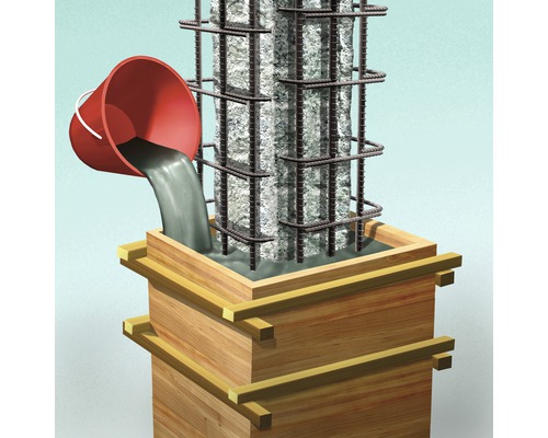 Ilustrație a unui stâlp de beton cu armătură în care se toarnă beton