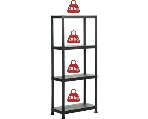 Raft din plastic cu patru rafturi și o capacitate de încărcare de 20 kilograme pe raft