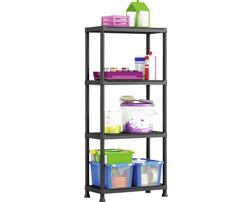 Raft negru din plastic cu patru niveluri și diverse obiecte de depozitare.