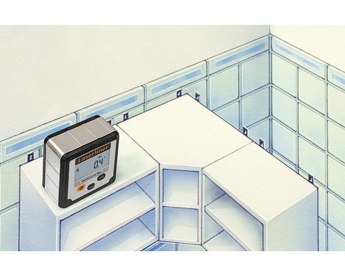 Siglă Laserliner. Nivelă digitală pe o suprafață albă.