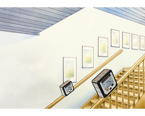 Ilustrație cu o scară cu nivela digitală pentru măsurarea înclinației pe o balustradă