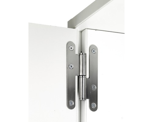 Detaliu al unei balamale metalice pentru mobilă pe o ușă albă de mobilă.