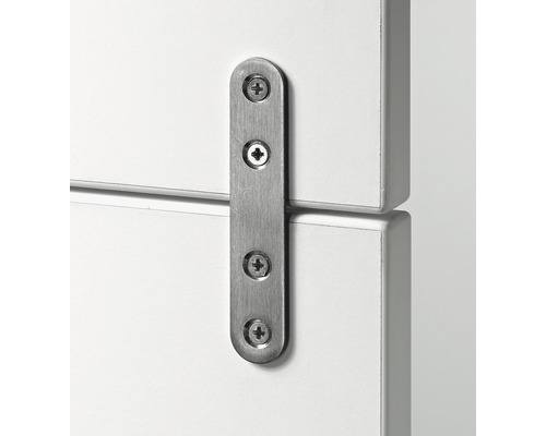 Element de conectare metalic cu patru șuruburi pentru fixarea a două piese de mobilier.