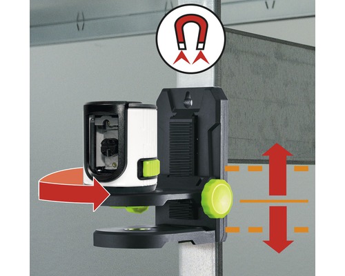 Simbol magnetic și săgeți care ilustrează reglarea orizontală și verticală a laserului liniar