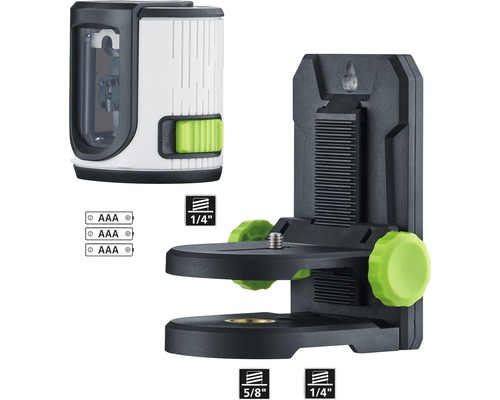 Laser cu linii în cruce cu suport și specificații pentru baterie și dimensiunea filetului