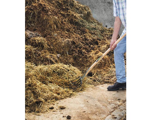O persoană cu o furcă de gunoi de grajd în fața unui morman de gunoi de grajd