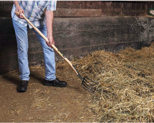 O persoană folosește o furcă de fân pentru a muta fân.