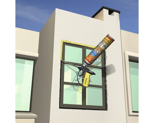 Reprezentarea unei ferestre etanșate cu spumă de construcții, cu pistol de spumă.