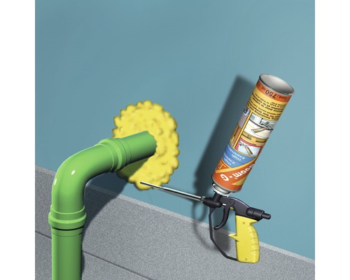 Pistol de spumă și spumă de construcție pentru etanșarea unei treceri de tub